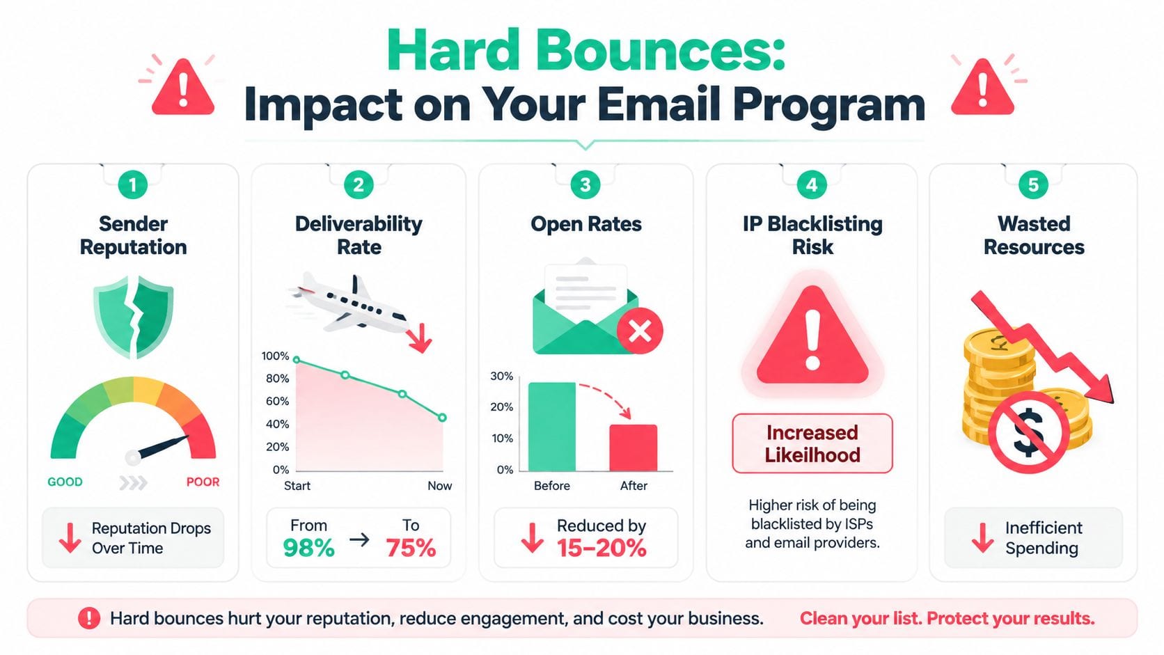 An infographic detailing how hard bounces negatively impact email sender reputation, deliverability, open rates, and business resources.