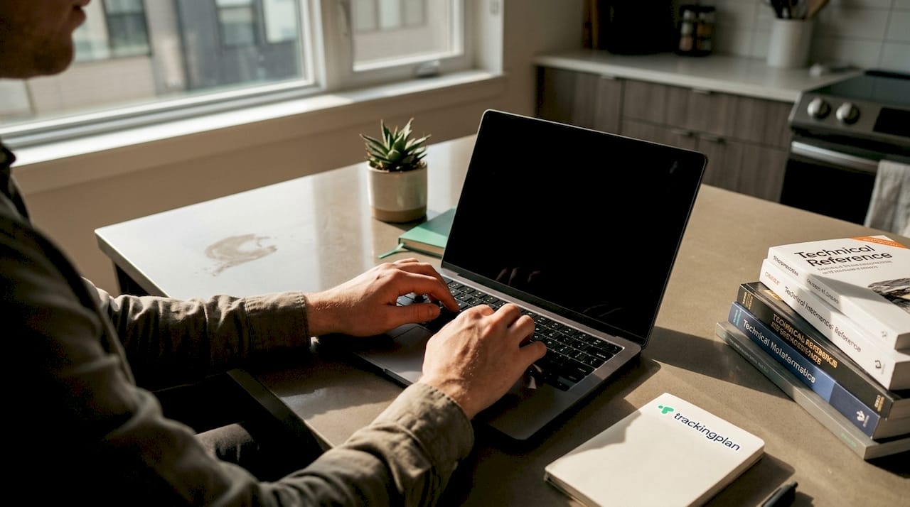 Hands typing code alongside a coffee cup in office
