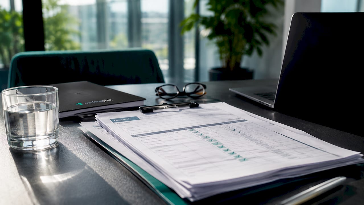 Desk with compliance documents and work tools