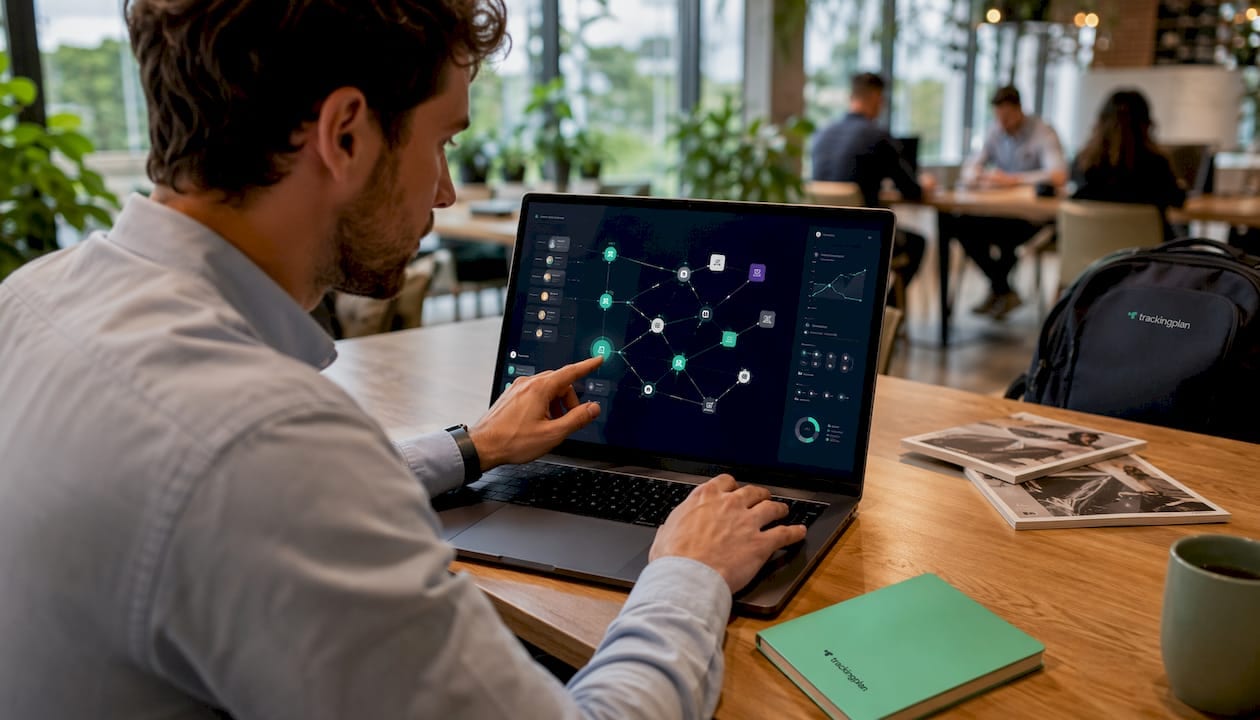 Hands interacting with digital marketing data dashboard