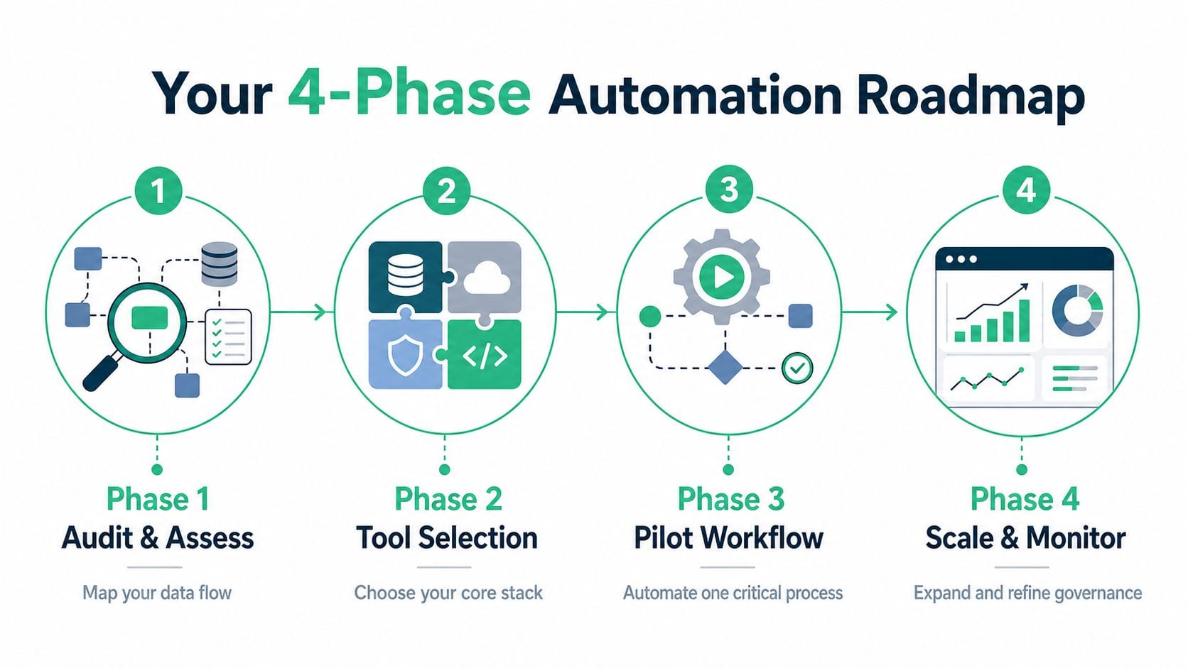 A four-phase automation roadmap illustrating the process of auditing, selecting tools, piloting workflows, and scaling operations.