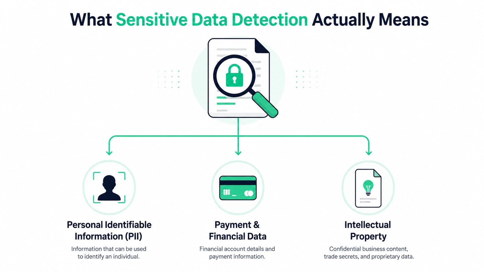 A diagram illustrating sensitive data detection, covering personal identifiable information, financial data, and intellectual property.