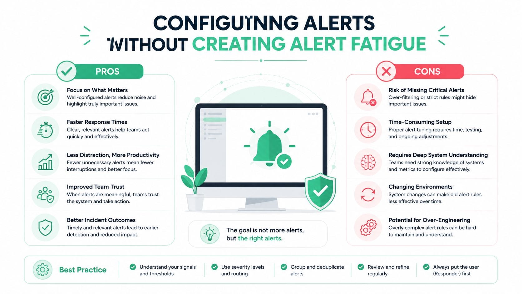 An infographic showing pros and cons of configuring monitoring alerts to avoid alert fatigue in software systems.