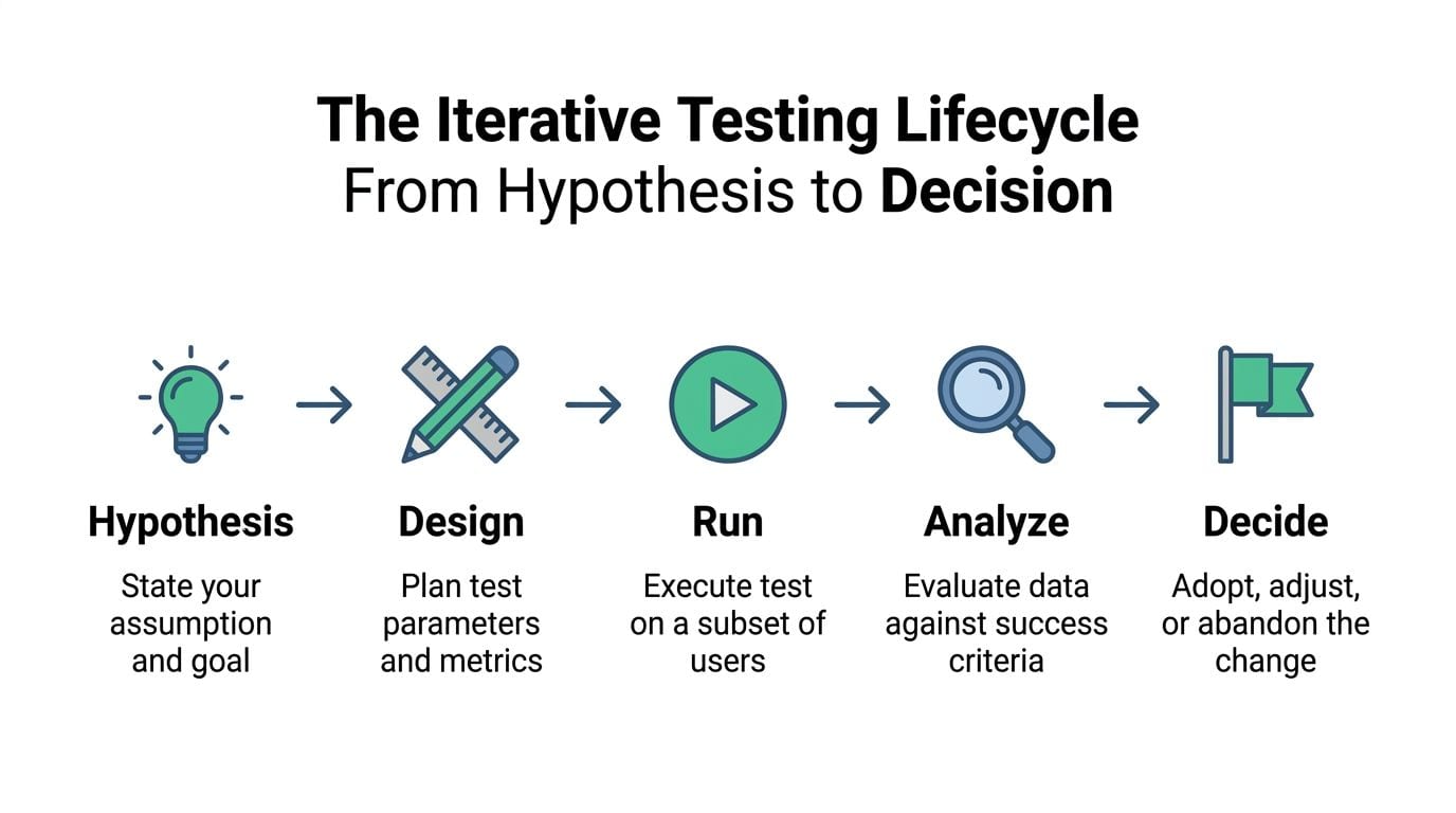 A diagram illustrating the five-step iterative testing lifecycle from forming a hypothesis to making a final decision.