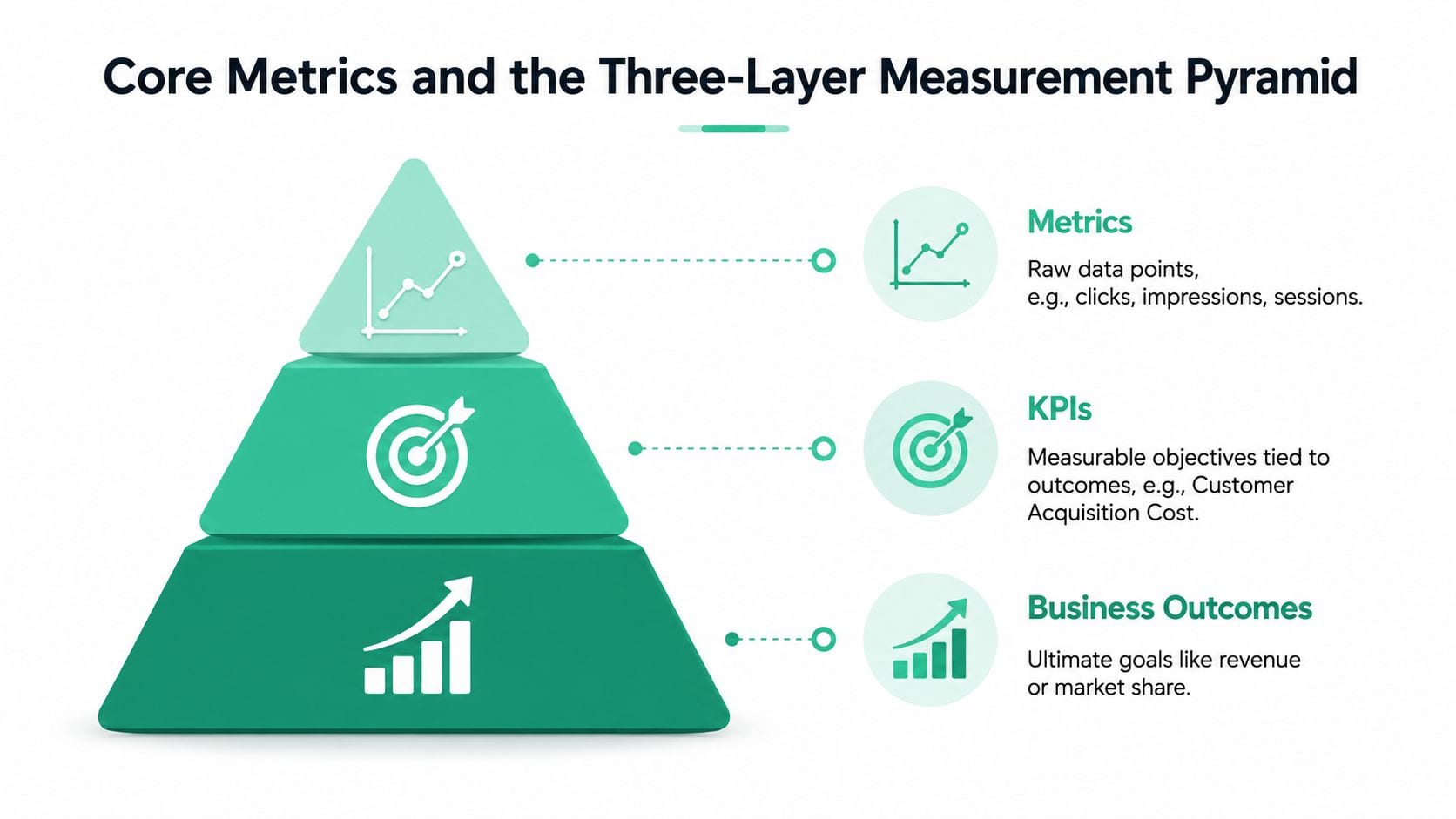 A pyramid diagram showing the three-layer measurement framework: metrics, KPIs, and business outcomes for marketing data.