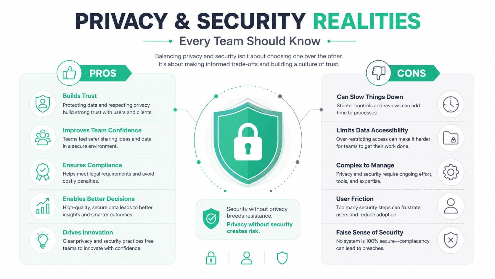 An infographic titled Privacy and Security Realities, listing the pros and cons of implementing privacy and security measures.