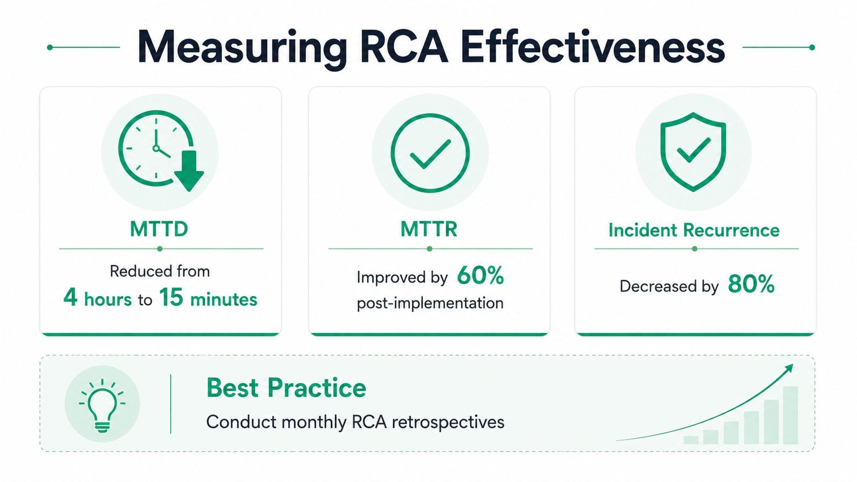 An infographic showing metrics to measure Root Cause Analysis effectiveness including MTTD, MTTR, and incident recurrence.