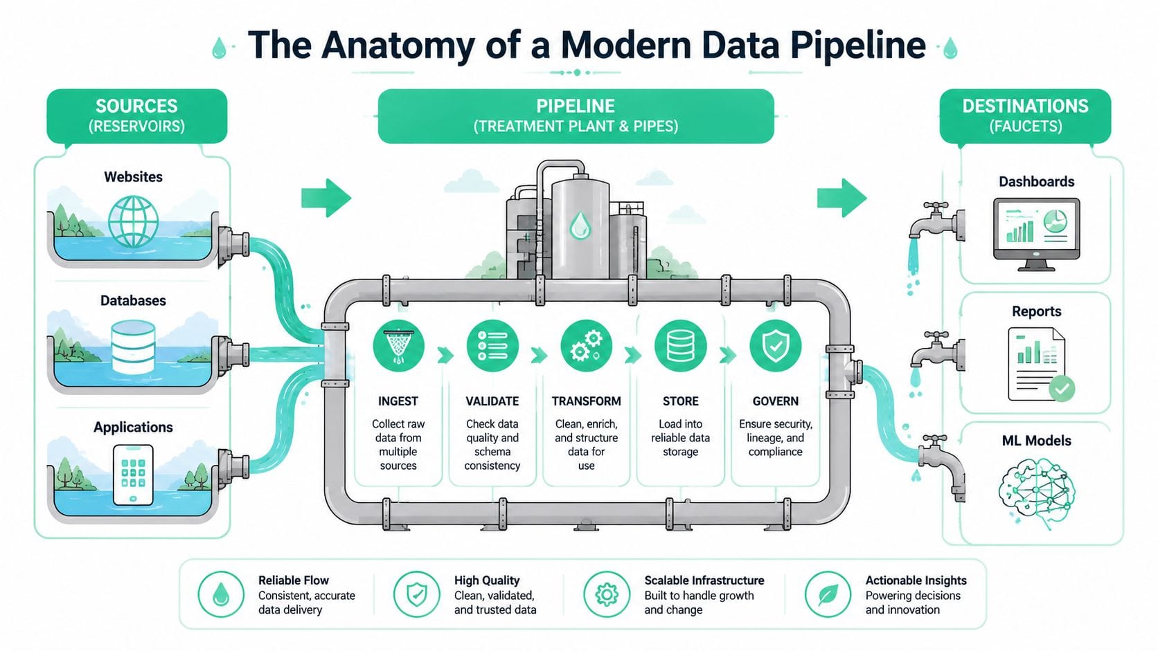 A diagram illustrating a modern data pipeline process from sources to storage, processing, and destinations.