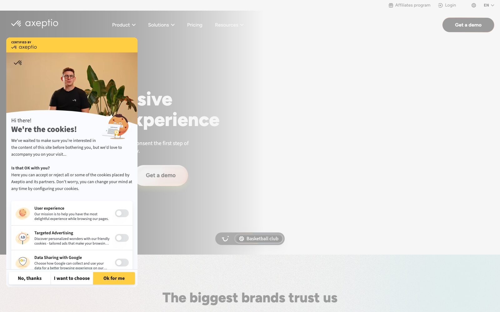 Axeptio homepage with its own consent banner