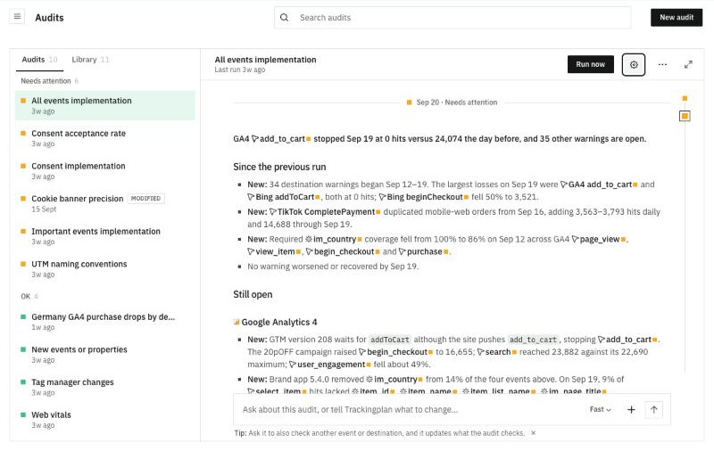 The Audits screen: your audits on the left and the latest run of one on the right