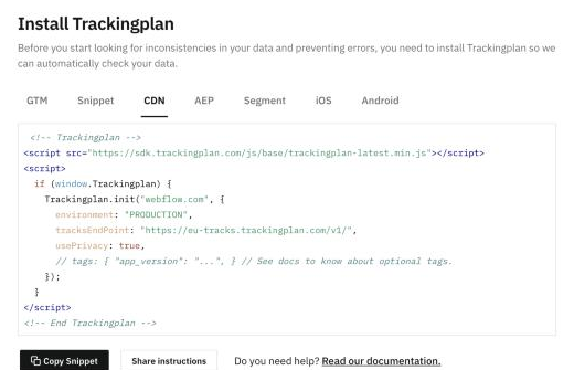 The install page, CDN tab