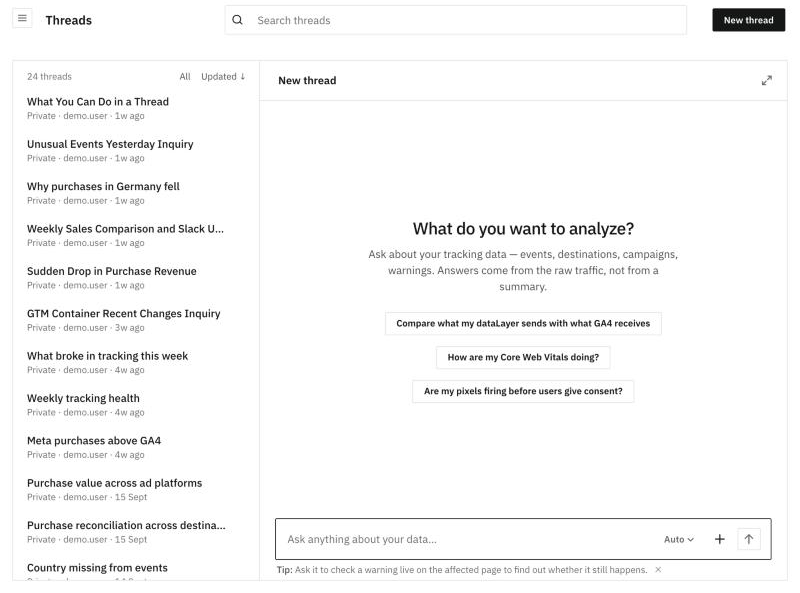 The Threads screen: the list on the left and a new thread on the right