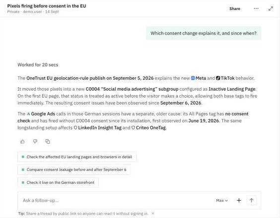 The agent traces pre-consent firing to a CMP change