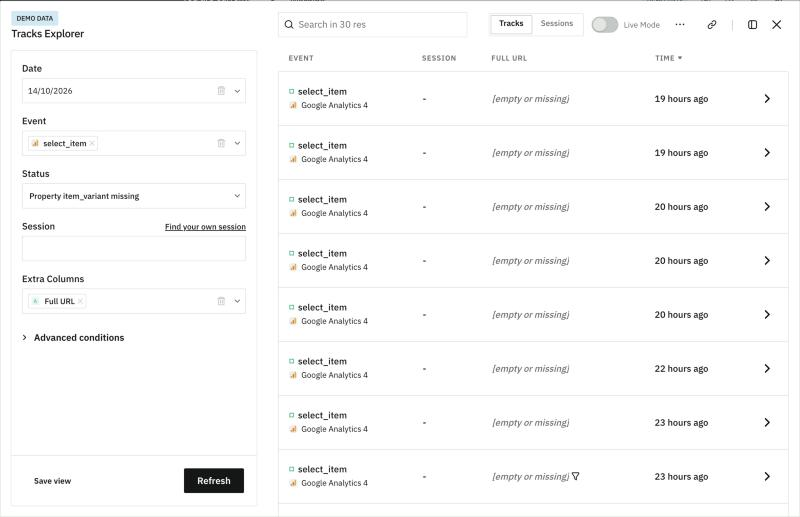 See tracks opens Tracks Explorer, filtered by the warning