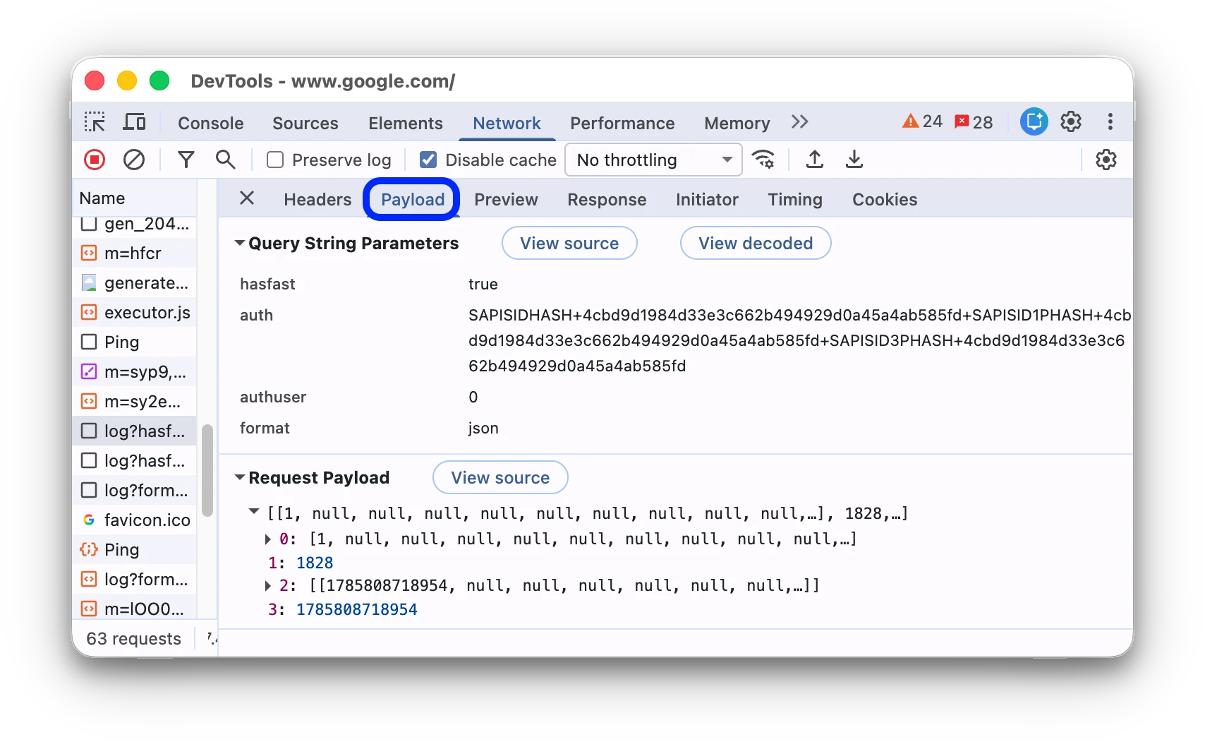 The Payload tab in Chrome DevTools, with a request’s query string parameters decoded.