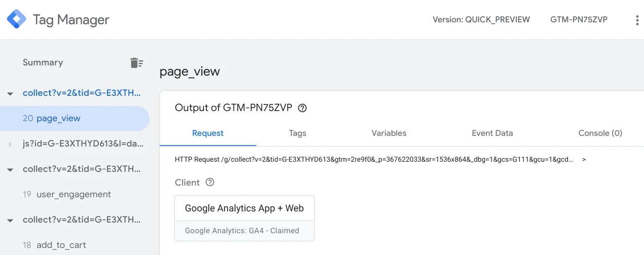Server-side GTM Preview: incoming requests on the left, and the Request tab showing the client that claimed a GA4 hit.